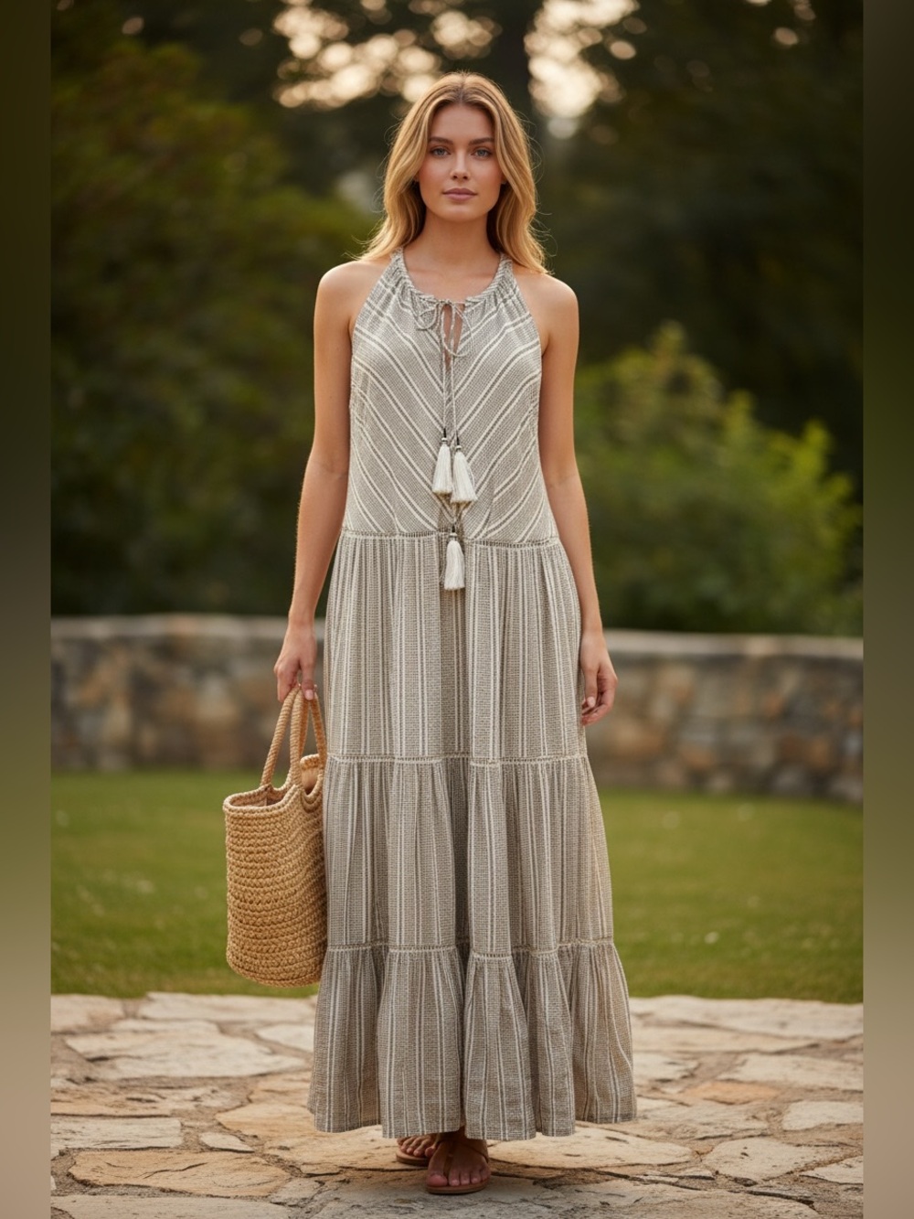Anthropologie- Striped Tiered Midi Dress with Tassel Tie in Beige